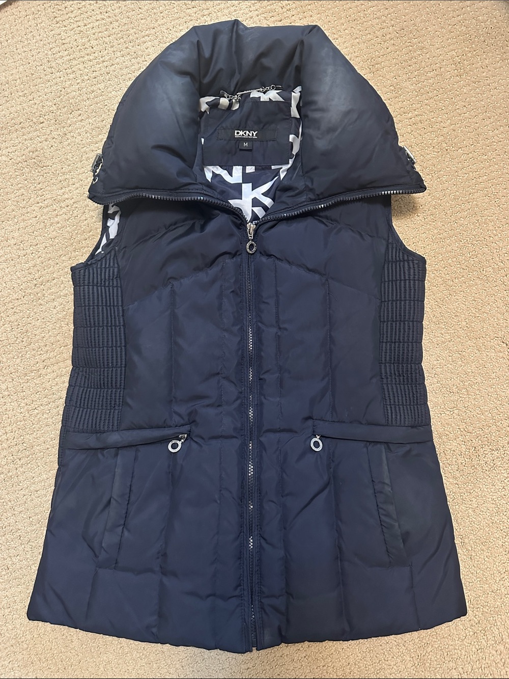 DKNY Navy Quilted Down Puffer Vest with Collar & Foldable Hood Size M